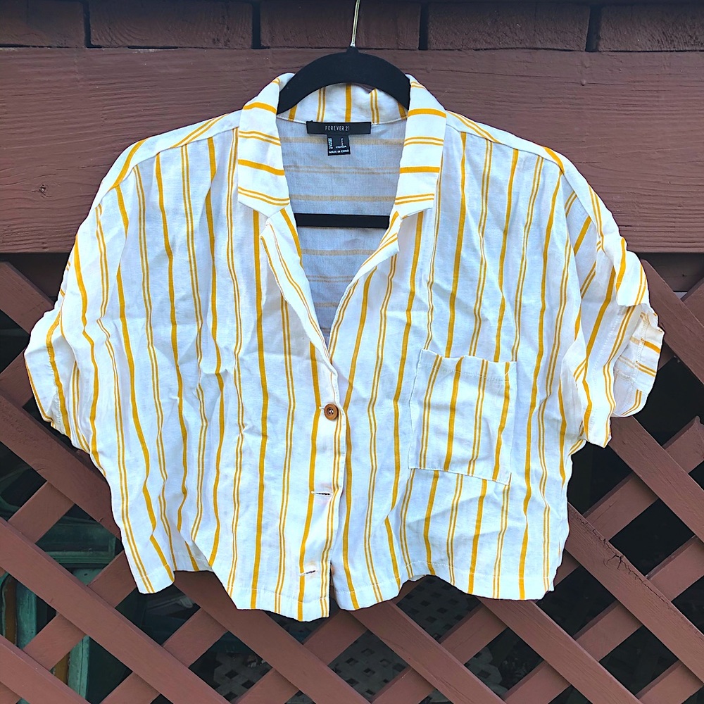Yellow Pin Stripe Button Up Crop Top